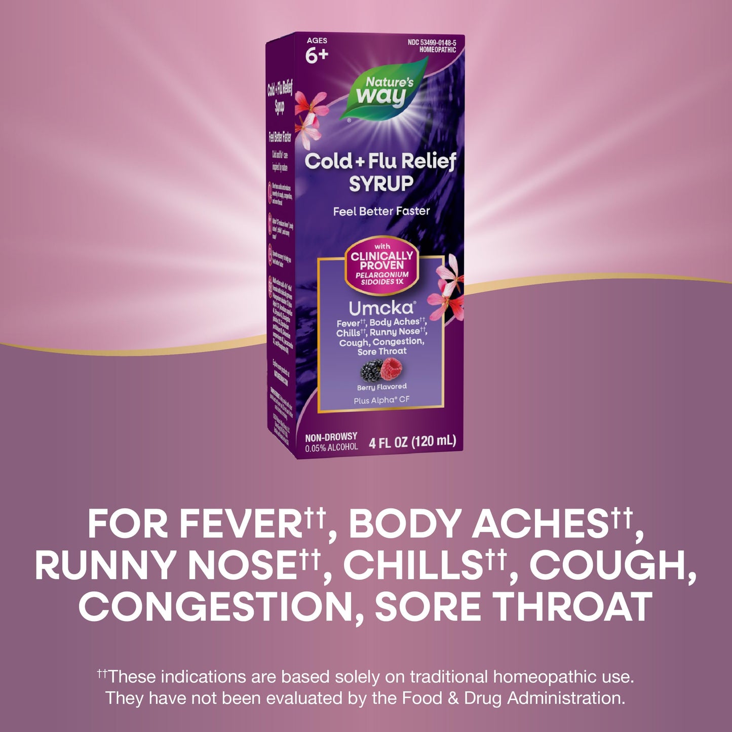 Nature's Way Cold+Flu Relief Syrup, Umcka, Fever*, Sore Throat, Cough, Congestion, Body Aches*, Homeopathic, Phenylephrine Free, 0.05% Alcohol, Berry Flavored, 4 Fl Oz (Packaging May Vary)