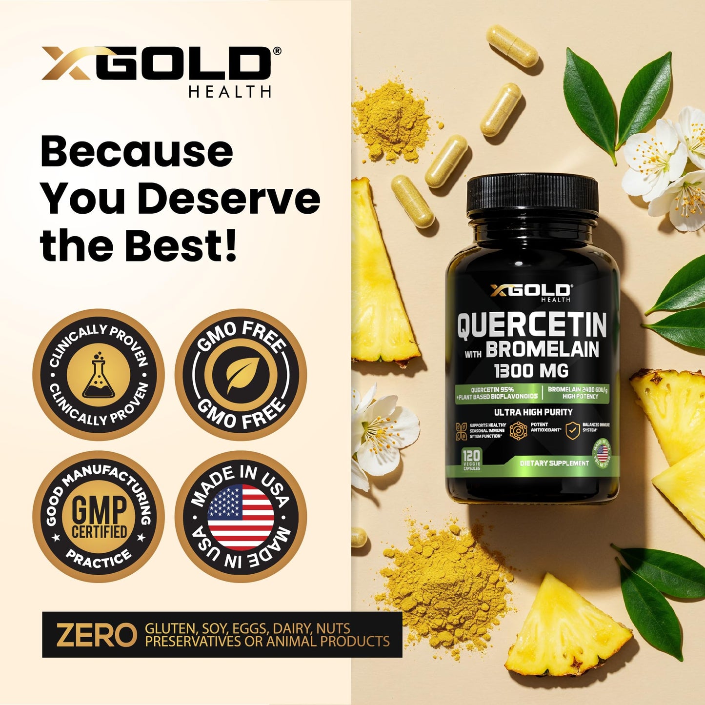 Quercetin + Bromelain 1,300mg – Quercetin: 95% - Highly Purified and Highly Bioavailable Plus Bromelain 2,400 GDU/g - Made in USA | 120 Caps