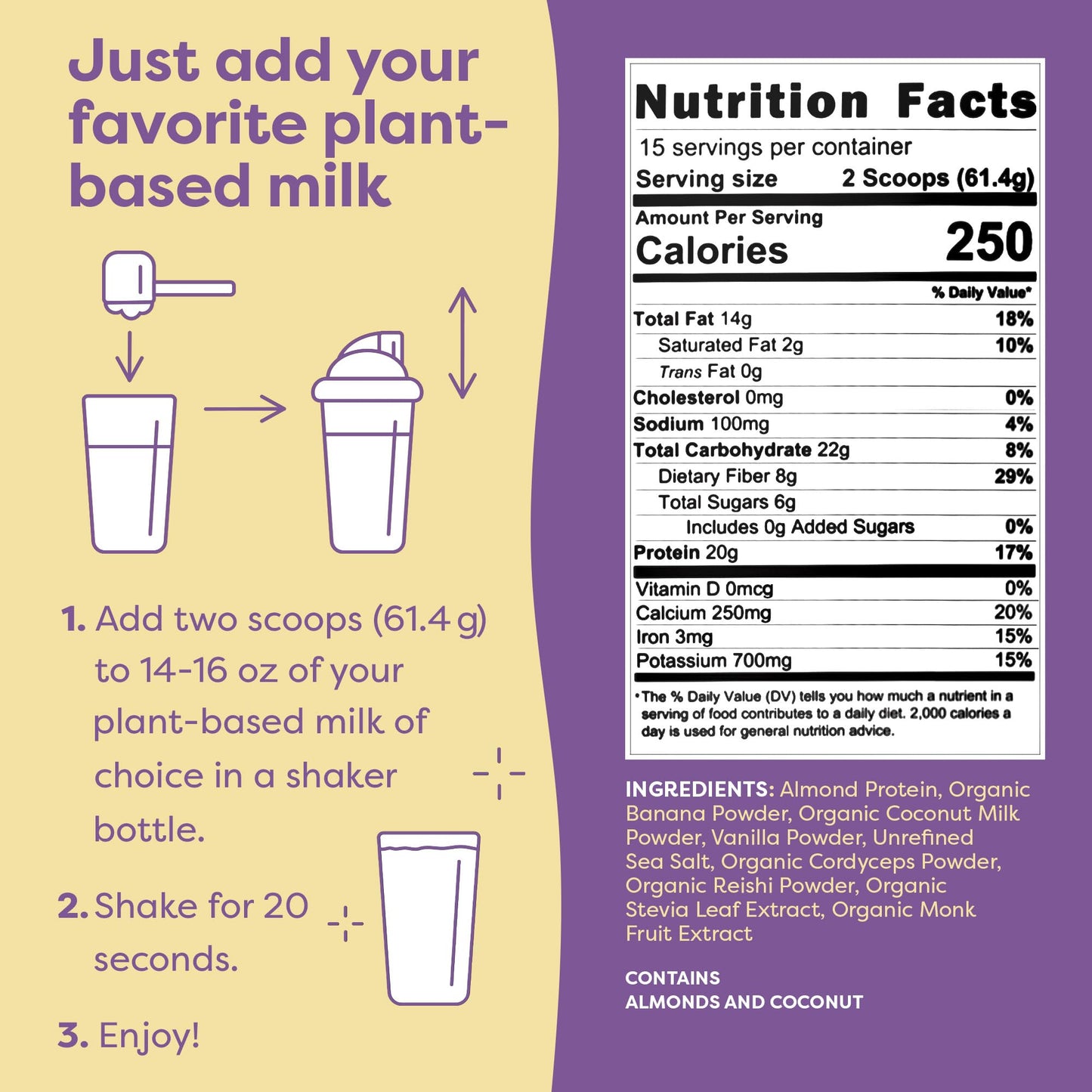 FlavCity Vegan Protein Powder - Vanilla Smoothie - 20g Almond, Plant Based Protein Powder - Dairy-Free Shake - with Organic Fruit, Reishi & Cordecyps Mushrooms - No Blender Needed (15 Servings)