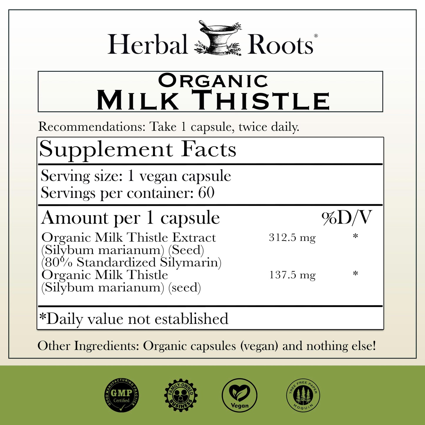 Herbal Roots Milk Thistle Capsules | Extra Strength 80% Silymarin Herbal Supplement | Made with Pure Organic Milk Thistle | Vegan and GMO Free