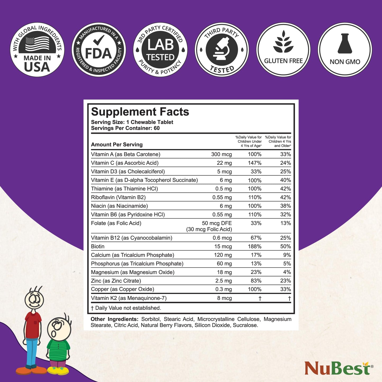 NuBest Tall Kids - Multivitamins & Minerals for Age 2 to 9 - Bone Strength & Immunity Support - Helps Kids, Toddlers Healthy - Animal Shapes - 60 Chewable Berry Tablets | 1 Month Supply