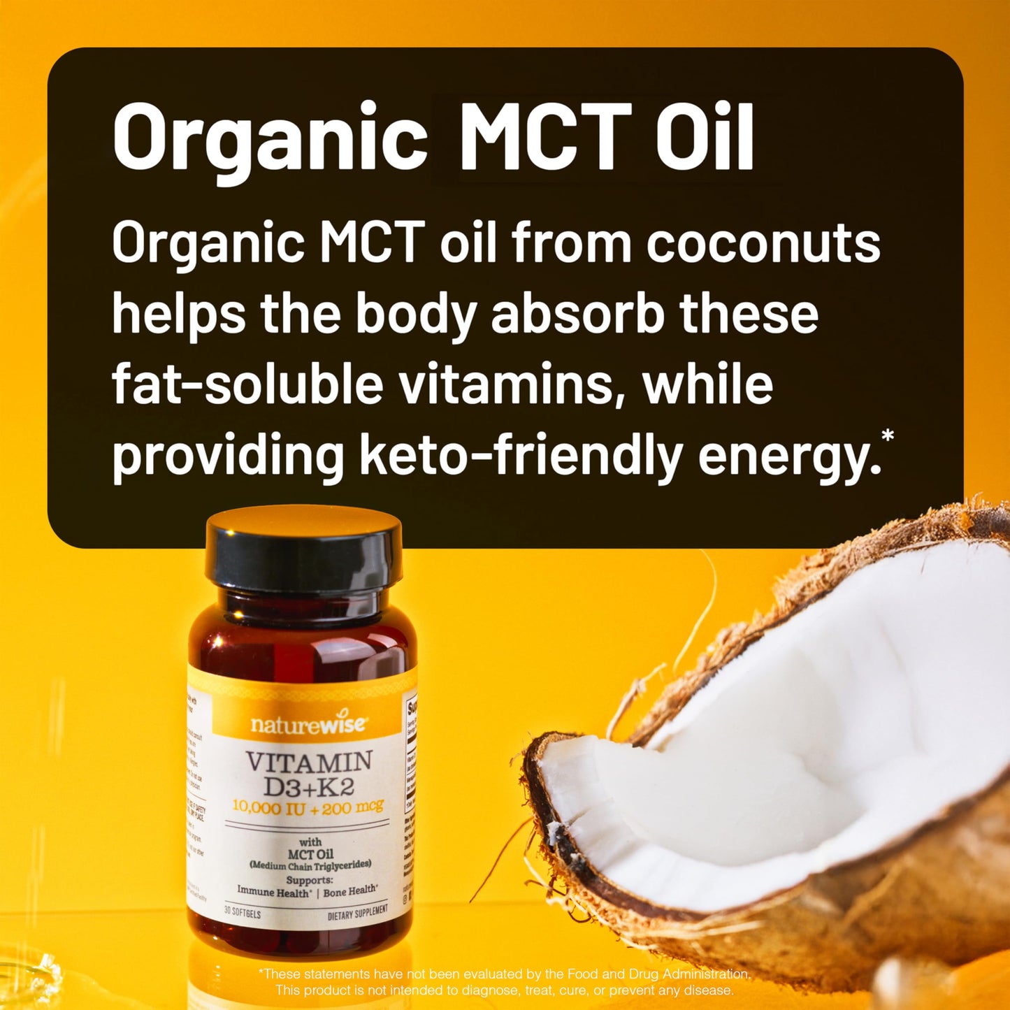 NatureWise Vegan Vitamin D3 + K2 in Organic Coconut MCT Oil - Organic D3 10000IU + Natural K2 100mcg - High Absorption Bone Support - Non-GMO - USA Manufactured - 30 Softgels[30-Day Supply]