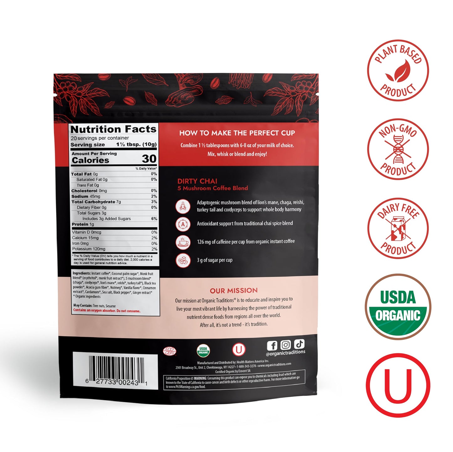 Organic Traditions Dirty Chai Mushroom Coffee Blend, 100% Organic Instant Mushroom Coffee with Chaga, Cordyceps, Reishi, Lion's Mane, Turkey Tail & Black Tea, 105mg of caffeine per cup, 200gr/7oz Bag