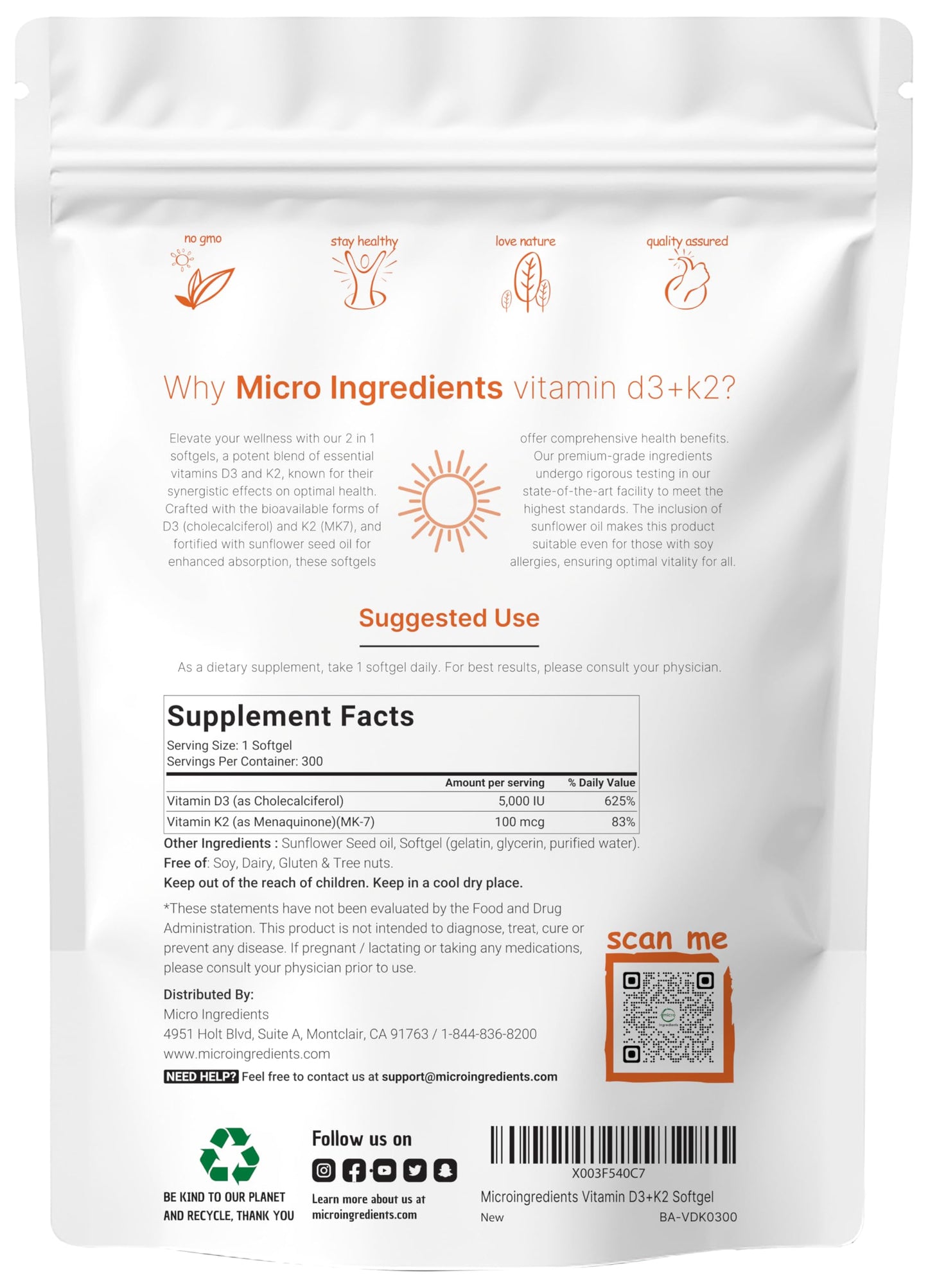 Micro Ingredients Vitamin D3 5000 IU with K2 MK-7 100 mcg, 300 Softgels, 2-in-1 Immune, Heart, Joint, Teeth & Bone Health Support, Easy to Swallow