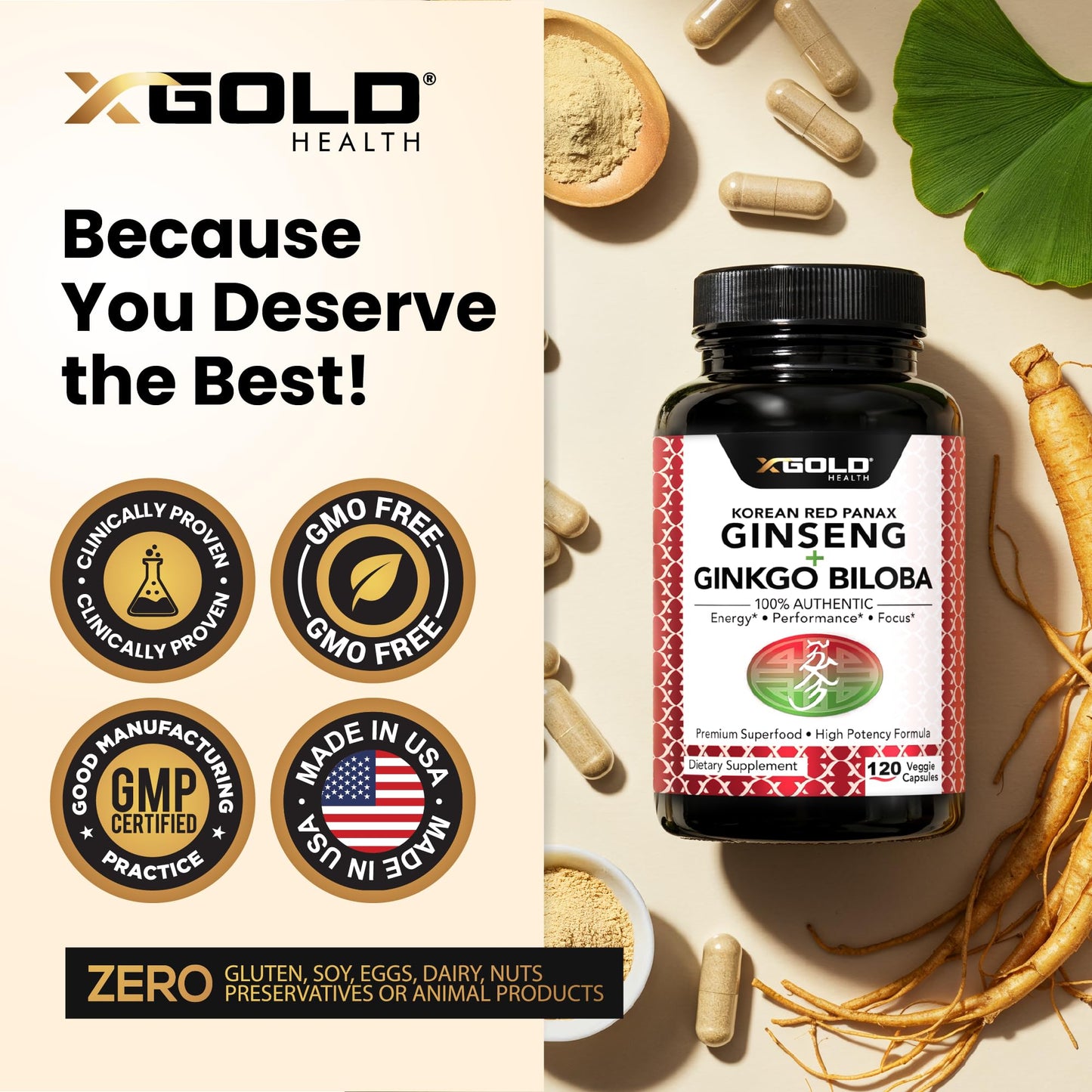 Korean Red Panax Ginseng 1200mg + Ginkgo Biloba -120 Vegan Capsules - High Ginsenosides Extra Strength Root Extract Powder Supplement for Energy, Performance & Focus Pills for Men & Women