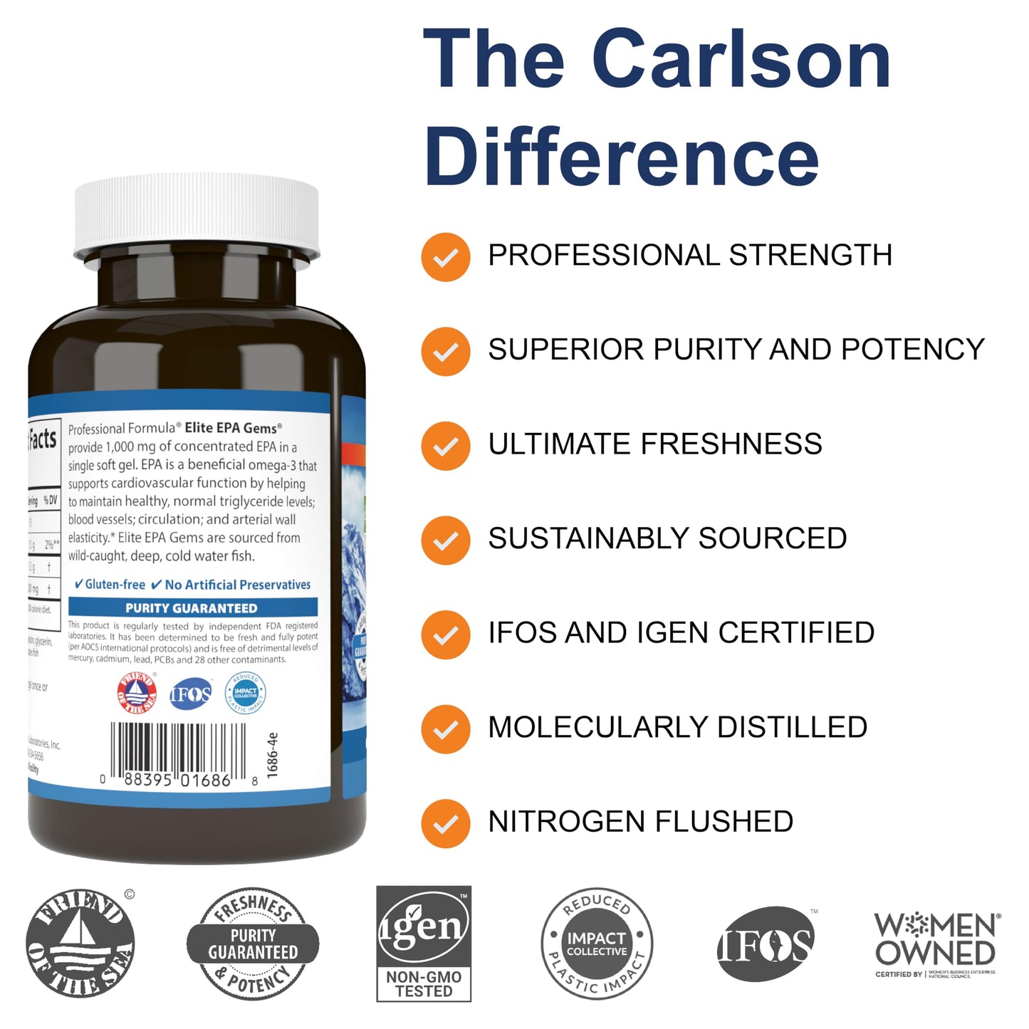 Carlson - Elite EPA Gems, 1000 mg EPA Fish Oil, Wild-Caught, Norwegian Fish Oil Supplement, Sustainably Sourced, Helps Maintain Healthy Triglyceride Levels, 60 Softgels