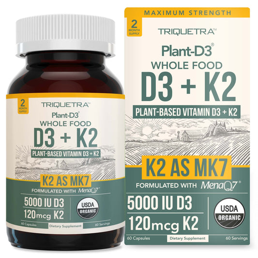 Pre-Order | Arrives in 5–10 Days – Organic Plant D3 + K2 | 5000 iu D3 + 120 mcg K2 as All-Trans MK7 from MenaQ7® - 100% Whole Food, Raw & Vegan | Enhanced Digestion with Prebiotic & Superfood Complex – D3 from Organic Algae (60 Count)