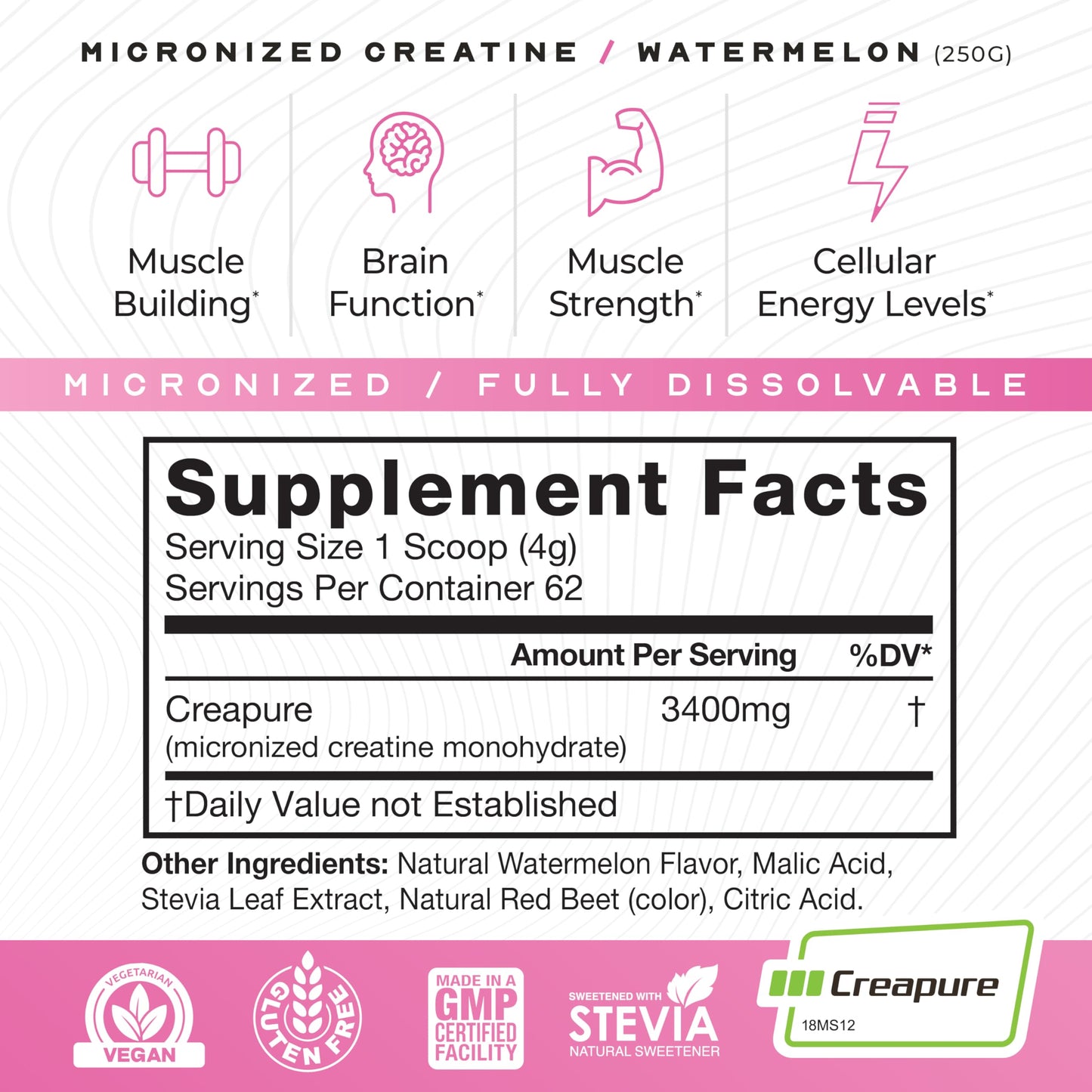 Muscle Feast Creapure Micro - Micronized Creatine Monohydrate Powder | Premium Pre-Workout or Post-Workout | Easy to Mix, Gluten-Free, Safe and Pure, (Watermelon, 250g)