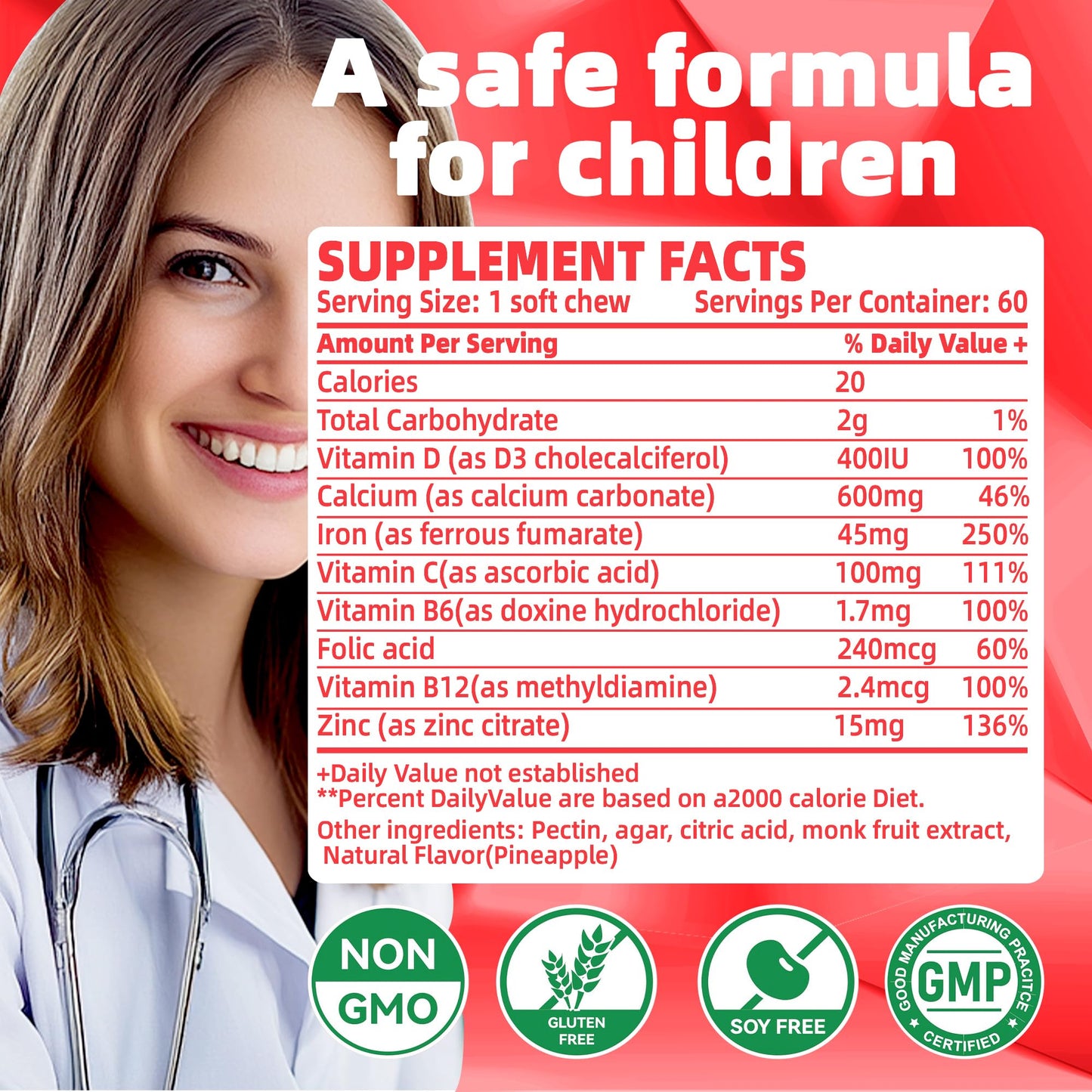 Iron Soft Chews Supplement with Vitamin C | Strawberry Flavored | Gluten Free | Iron Supplement for Women Men and Kids | 60 Count | 2 Month Supply