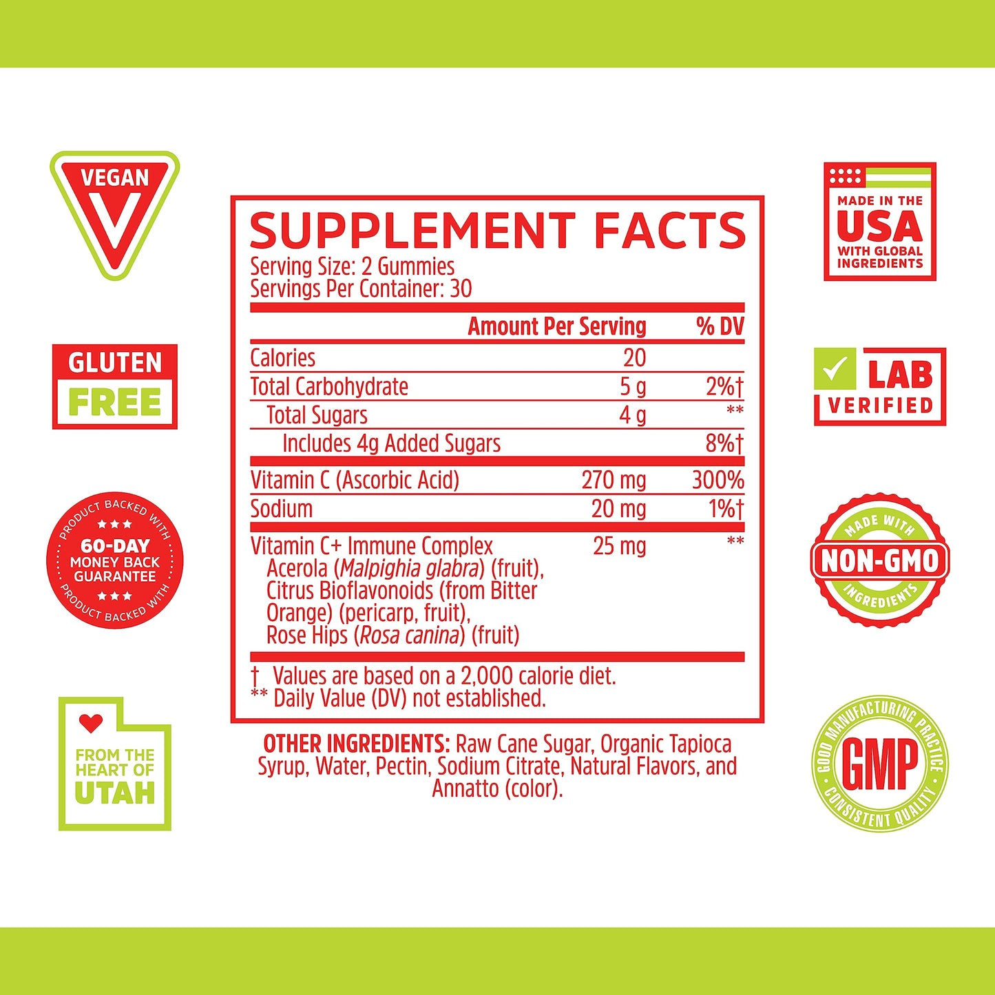 Zhou Vitamin C+ Gummies - Vitamin C Gummies for Adults and Kids, 270 mg per Gummy with Bioflavinoids and Acerola for Immune Support - 60 Vegan Gummies