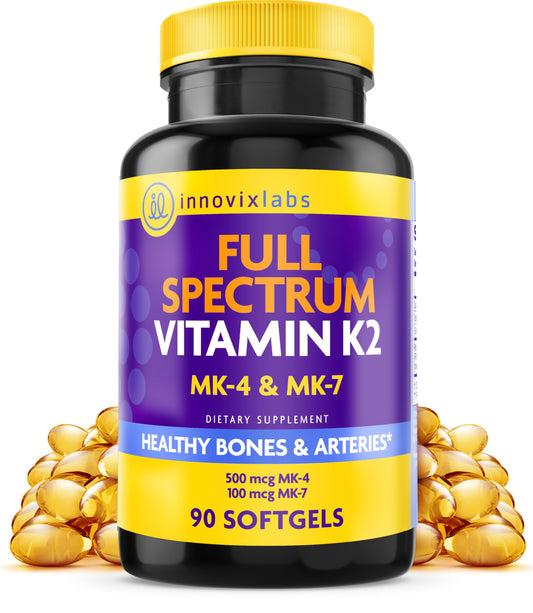 InnovixLabs Full Spectrum Vitamin K2-90 Softgels with 600 mcg of Trans Form MK7 and MK4 - Supports General Health and Bone Strength - Soy and Gluten Free K2 Vitamin Supplement