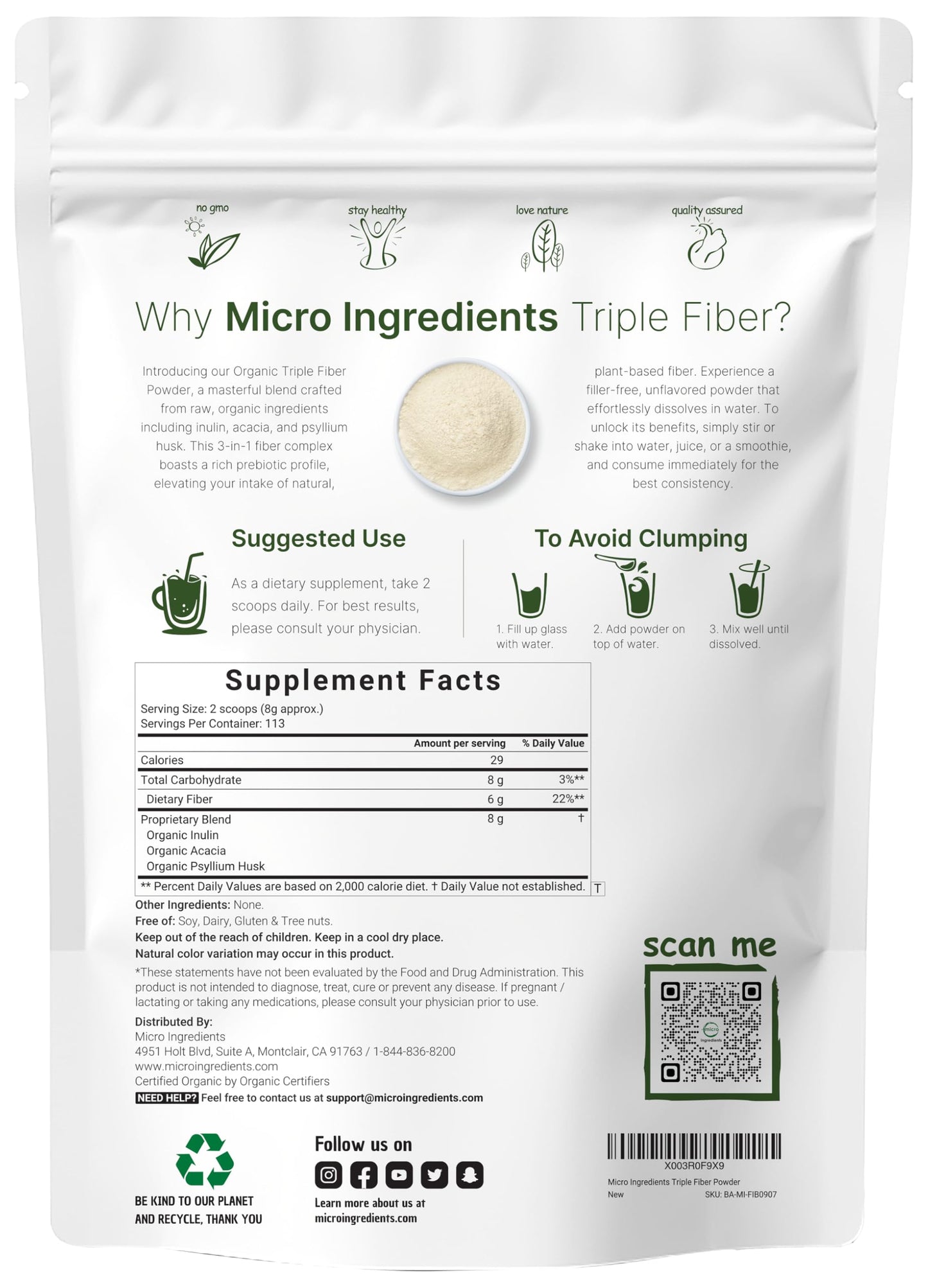 Organic Fiber Supplement (Inulin, Acacia, Psyllium Husk), 2 Pounds, 3-in-1 Formula, Daily Soluble Fiber, Unflavored, Prebiotics Supplement for Digestive Health, Hunger Control, Vegan