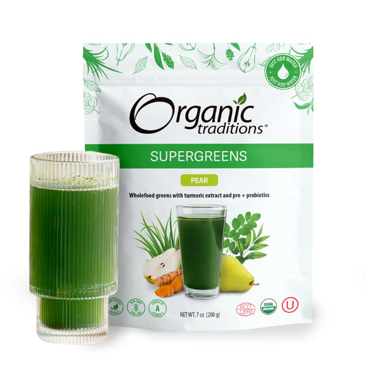 Organic Traditions Super Greens Powder Superfood with Turmeric, Pear Flavored Organic Greens Superfood Powder, 200g / 7oz Bag