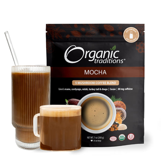 Organic Traditions Mocha Mushroom Coffee – Organic Instant Mushroom Coffee with Cacao, Lion’s Mane, Chaga, Cordyceps, Reishi, Lion's Mane and Turkey Tail - Organic Adaptogen Latte to Support Energy, Focus & Immune Health (20 Servings) - 200g/7oz Bag