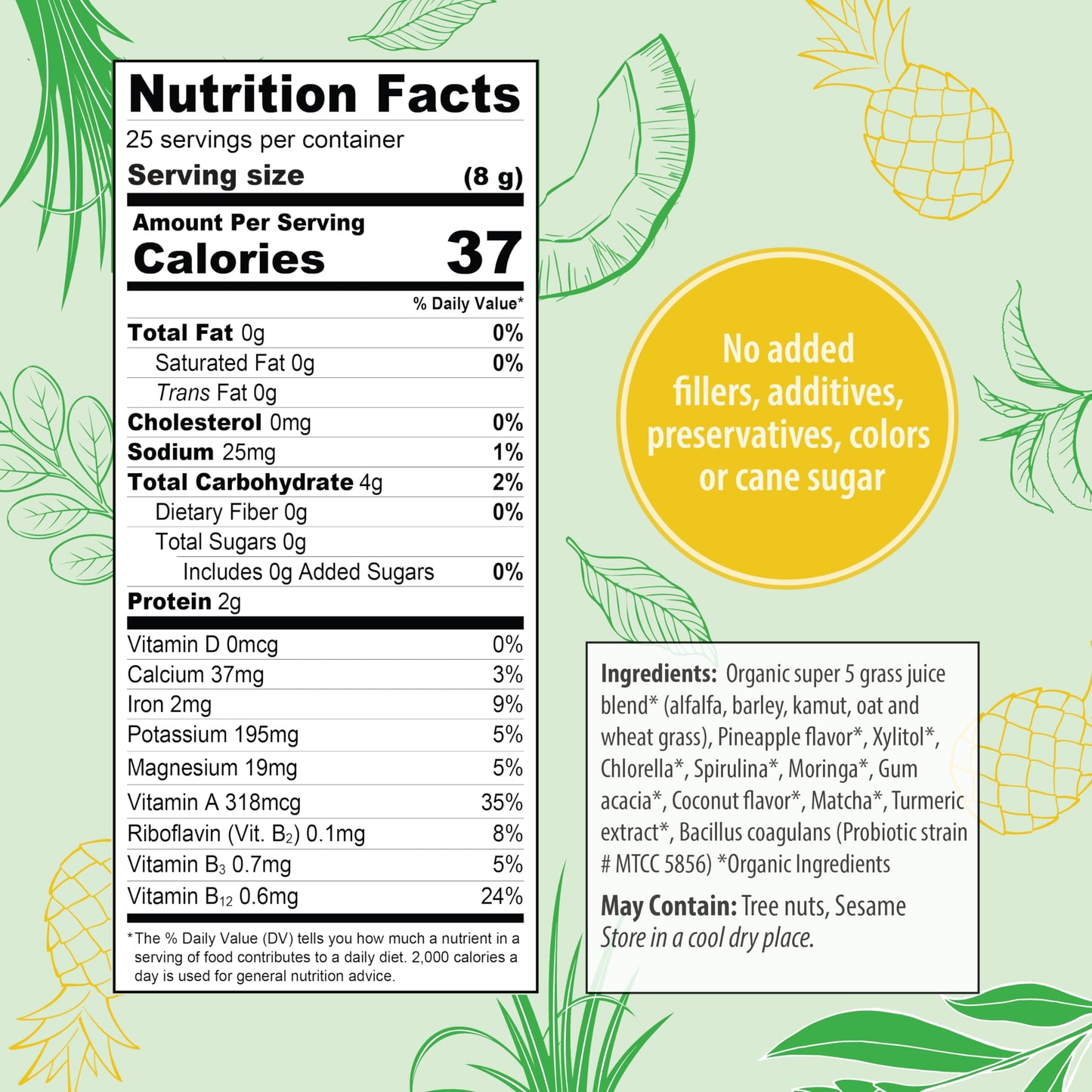 Organic Traditions Super Greens Powder Superfood with Turmeric, Pineapple Coconut Flavored Organic Greens Superfood Powder, 200g / 7oz Bag