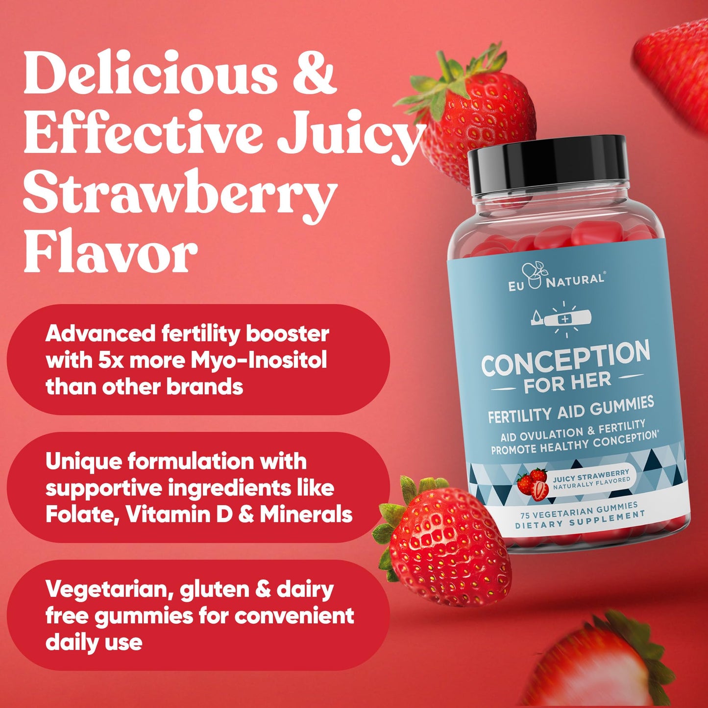 Pre-Order | Arrives in 5–10 Days – Conception for Her Fertility Gummies - Fertility Supplements for Women with Myo Inositol, Folate & More Essential Nutrients - Delicious Juicy Strawberry Hormone Balance Vitamins, 75 ct Gummies