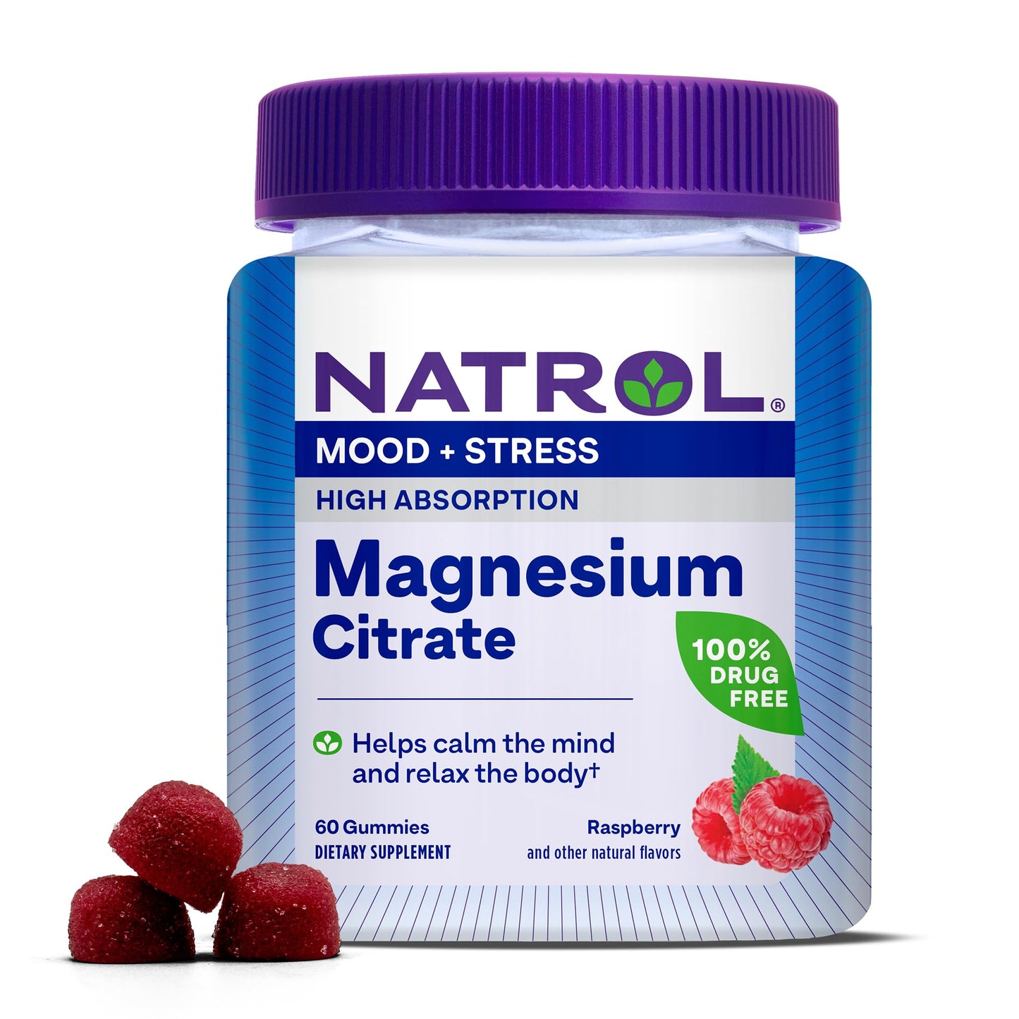 Natrol Mood + Stress Magnesium Citrate 330mg, Dietary Supplement for Mood and Occasional Stress Support, 60 Raspberry-Flavored Gummies, 15-Day Supply