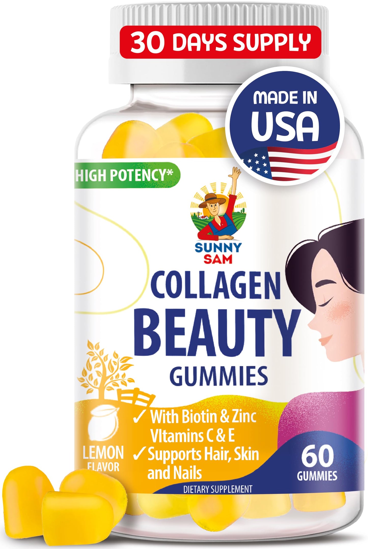 SUNNY SAM Biotin Collagen Gummies for Women & Girls - Low Sugar 60 Chewable Beauty Collagen Gummies for Enhanced Hair Skin and Nails - Biotin, Vitamin A, Zinc Supplement - Natural Lemon Flavor