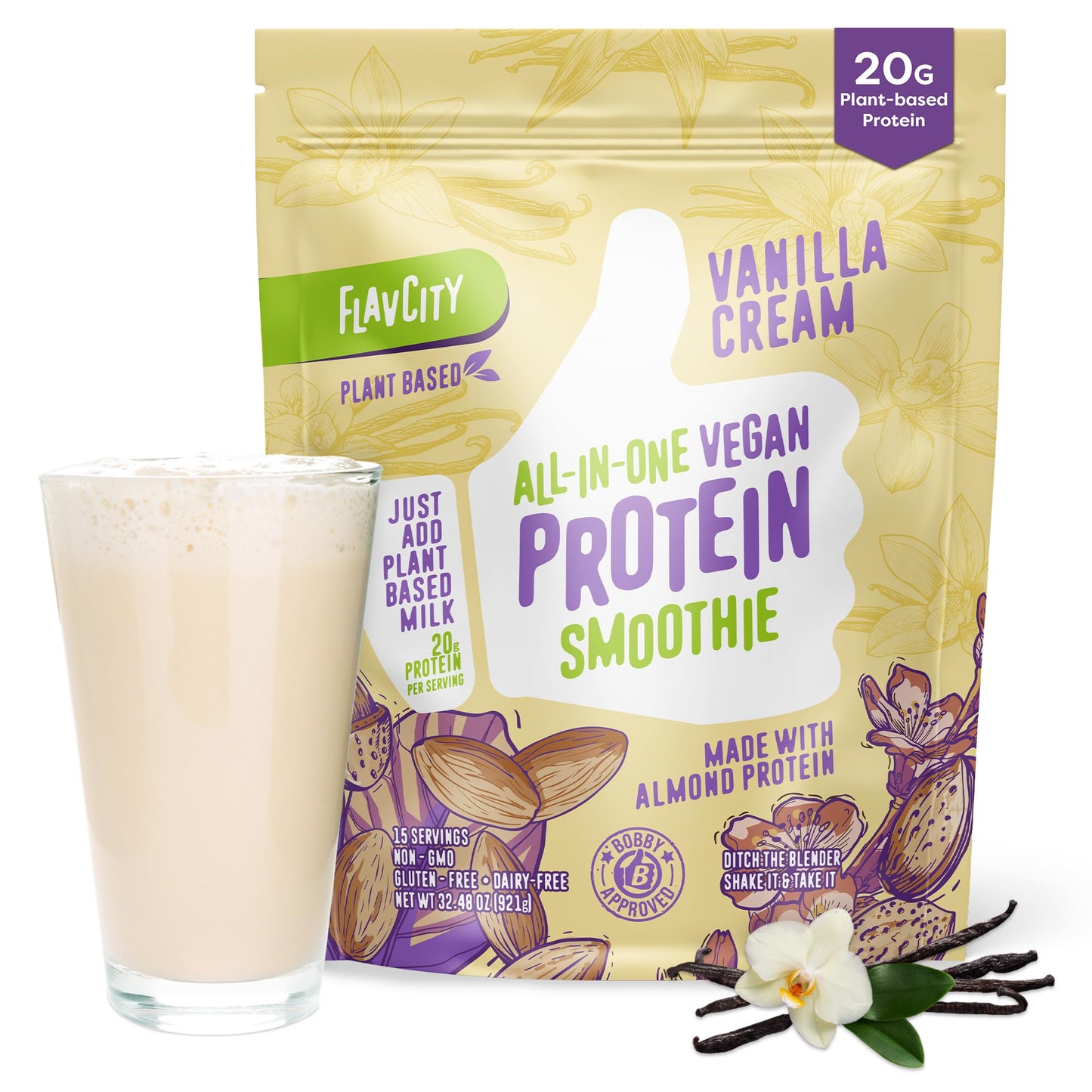 FlavCity Vegan Protein Powder - Vanilla Smoothie - 20g Almond, Plant Based Protein Powder - Dairy-Free Shake - with Organic Fruit, Reishi & Cordecyps Mushrooms - No Blender Needed (15 Servings)