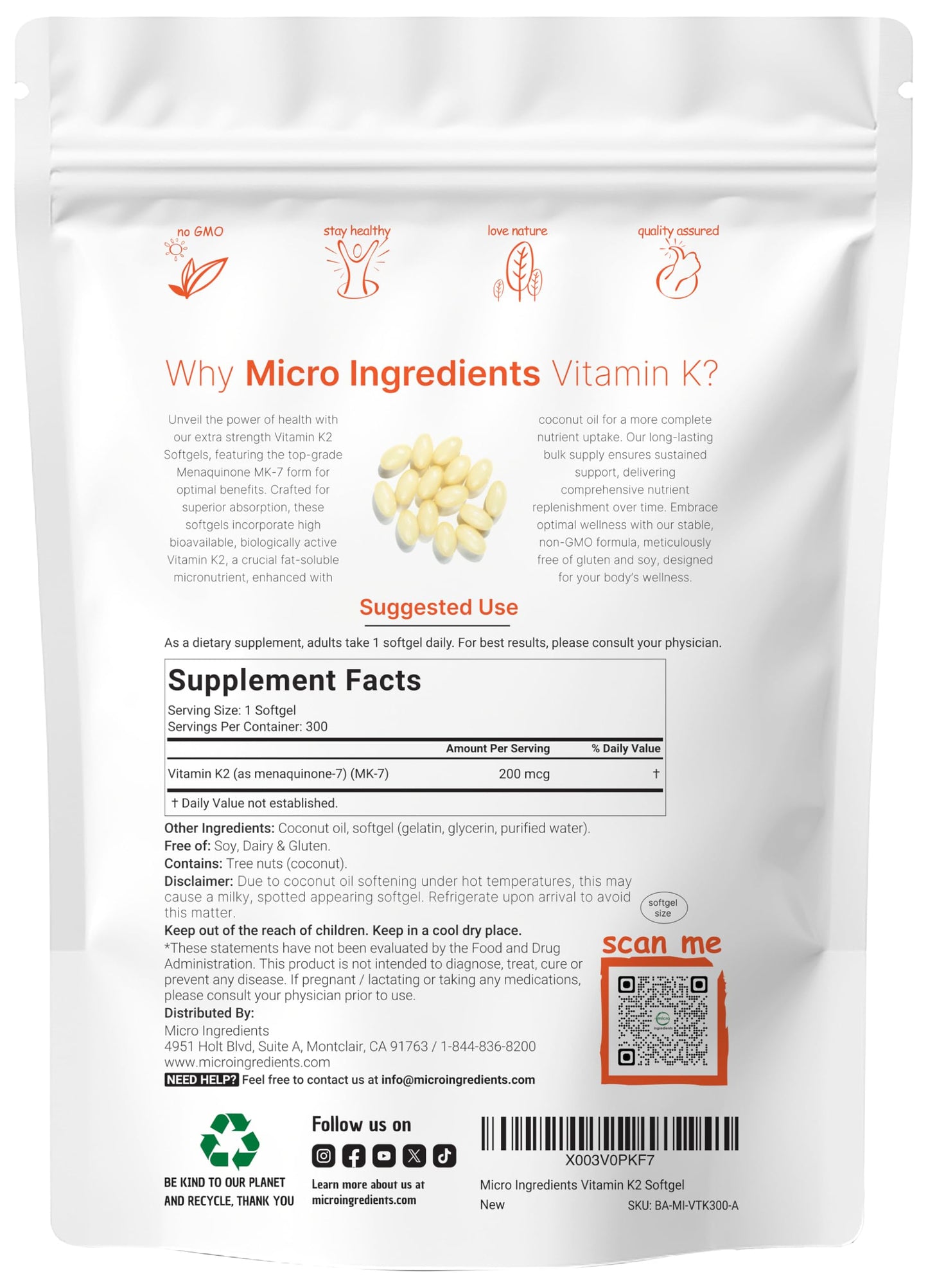 Micro Ingredients Vitamin K2 MK-7 Supplement, 200 mcg Per Serving, 300 Coconut Oil Softgles | Easily Absorbed, Active Menaquinone Form | Immune, Joint, & Heart Support | Non-GMO