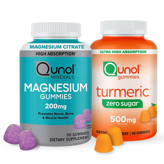 Qunol Zero Sugar Turmeric Gummies, Vegetarian, Gluten Free, 500mg + Qunol Magnesium Gummies 200mg, Vegetarian, 90 Count