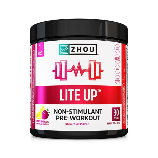 Zhou Lite Up - Non Stim Powder, Nitric Oxide Stim Free Supplement for Men & Women, Caffeine Free Boost, Clean Formula - Berry Lemonade Flavor, 7.5 oz Jar (30 Scoops)