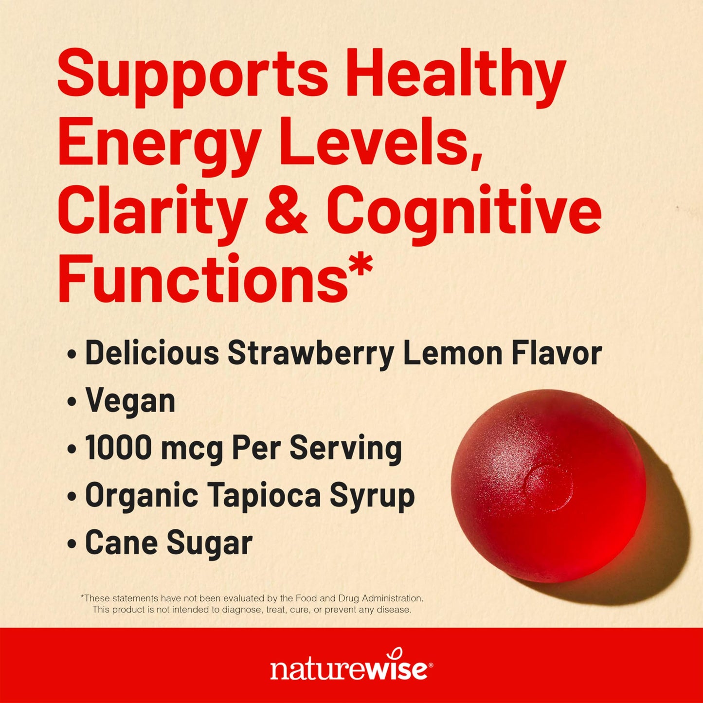 NatureWise Vitamin B12 Gummies for Adults, 1000 mcg - Strawberry Lemon Flavor - Supports Daily Energy, Mental Clarity, Cognitive Function - Vegan, Gluten-Free, Non-GMO - 60 Count[1-Month Supply]