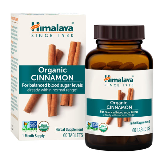 Himalaya Organic Cinnamon, for Glycemic Support, 1100 mg Daily, 60 Tablets, from Cassia Cinnamon Bark and Ceylon Cinnamon Extract, Non-GMO Project Verified, Vegan, Gluten Free Herbal Supplement