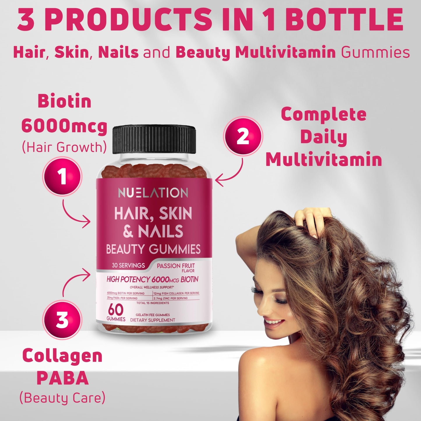 NUELATION Hair Skin and Nails Gummies with Biotin (6000mcg), Collagen & PABA - Hair, Skin, and Nails Vitamins for Women and Men - Supports Hair Growth, Stronger Nails, Healthy Skin - 30 Servings