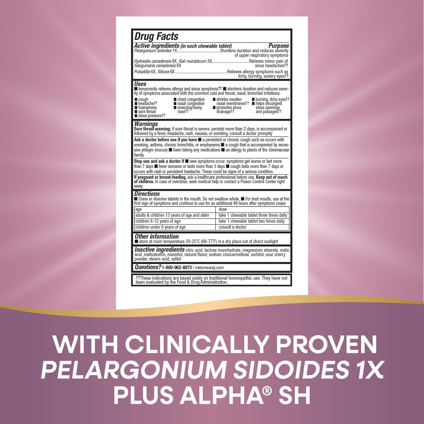 Nature's Way Allergy+Sinus Relief Chewables, Umcka, Sneezing*, Runny Nose*, Headache*, Cough, Congestion, No Phenylephrine, Non-Drowsy, Cherry Flavored, 20 Chewable Tablets (Packaging May Vary)
