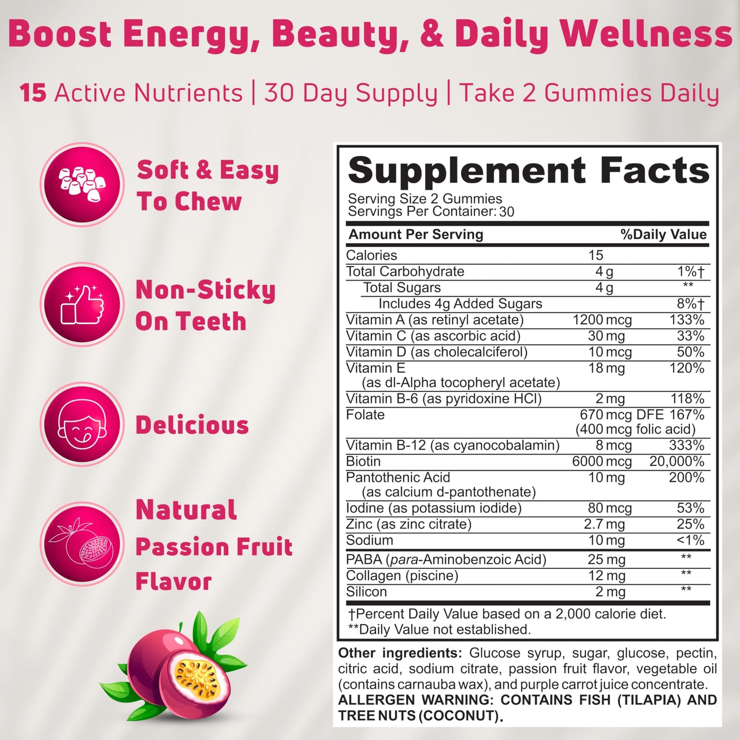 NUELATION Hair Skin and Nails Gummies with Biotin (6000mcg), Collagen & PABA - Hair, Skin, and Nails Vitamins for Women and Men - Supports Hair Growth, Stronger Nails, Healthy Skin - 30 Servings