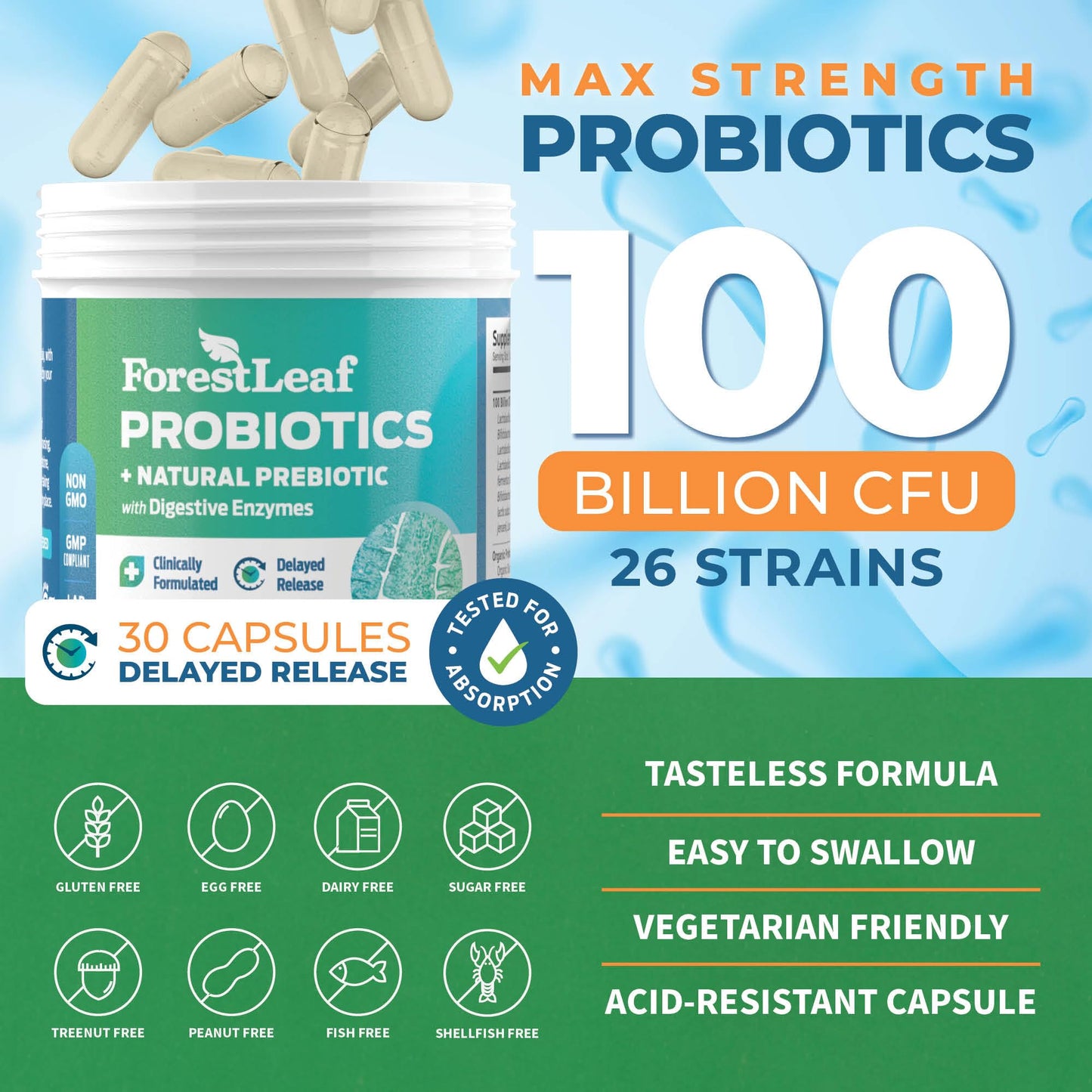 Probiotics for Men and Women, 100 Billion CFU, 26 Unique Strains, Men's and Women's Probiotic and Prebiotics Support Digestive Health, Gut Wellness, Energy, Mood, Immune, PH Balance (30 Caps)