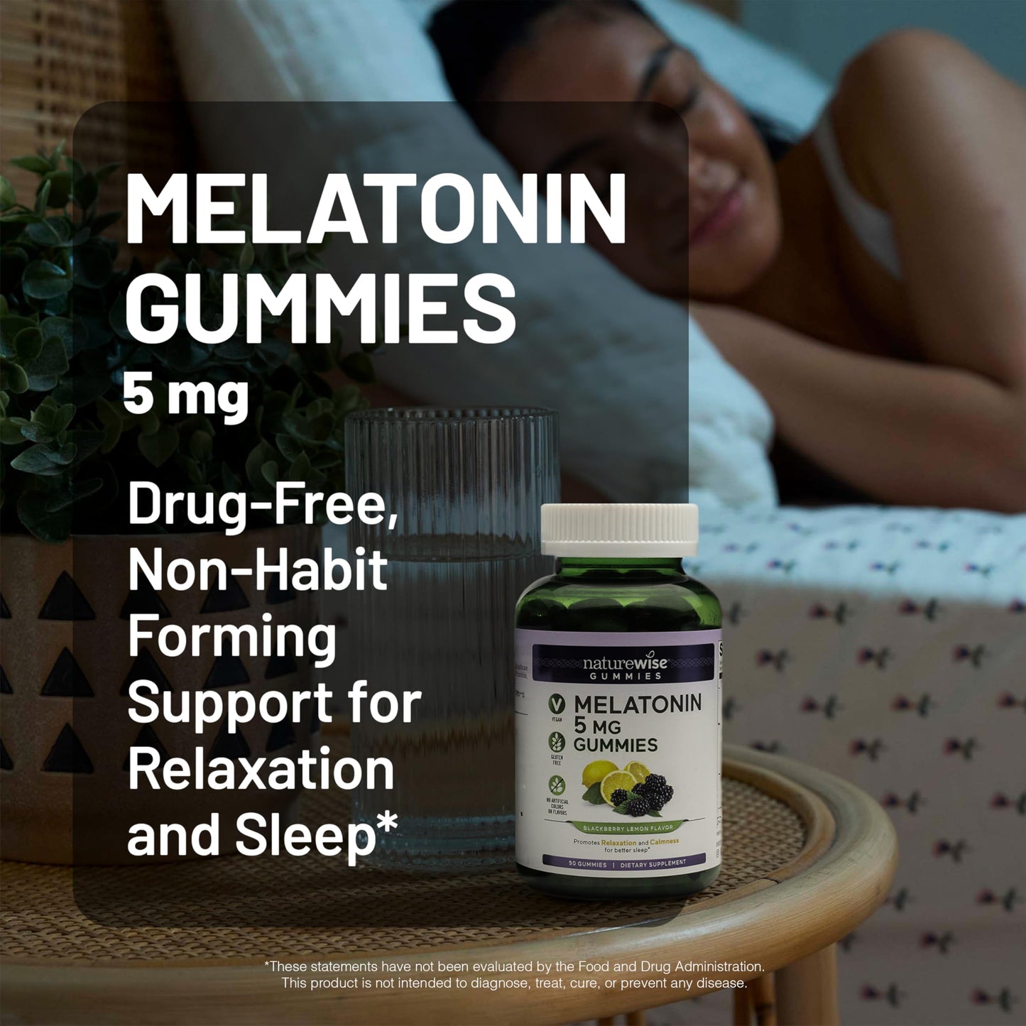 NatureWise Melatonin Gummies 5mg - Non-Habit Forming Sleep Support Supplement with Ashwagandha, Valerian Root - BlackBerry-Lemon Flavor - Vegan, Gluten Free, Non-GMO - 60 Count[30-Day Supply]