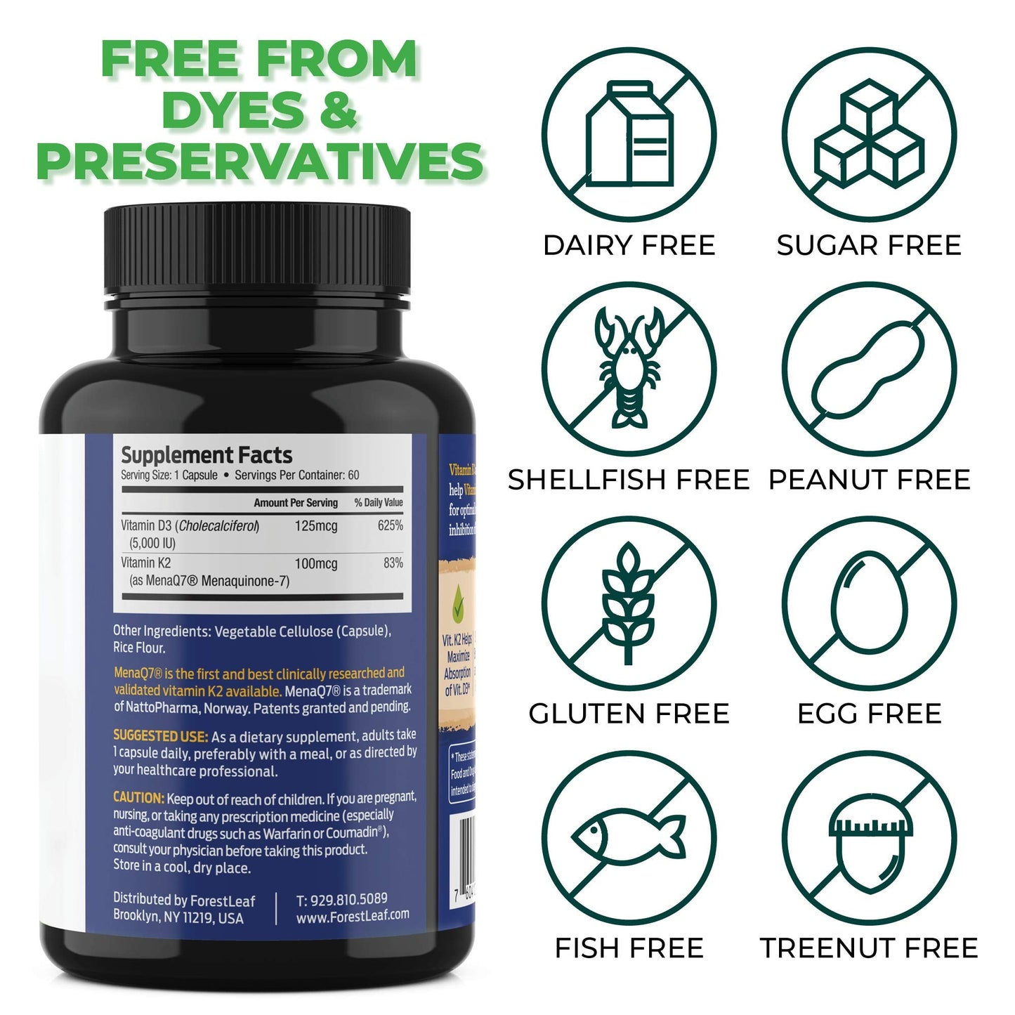 ForestLeaf Vitamin D3 + K2 (MK7) Supplement - MenaQ7 - Calcium and Vitamin D3 5000 IU Max Absorption - Teeth and Bone Strength, Heart Health, Immune System Support - 60 Veggie Capsules