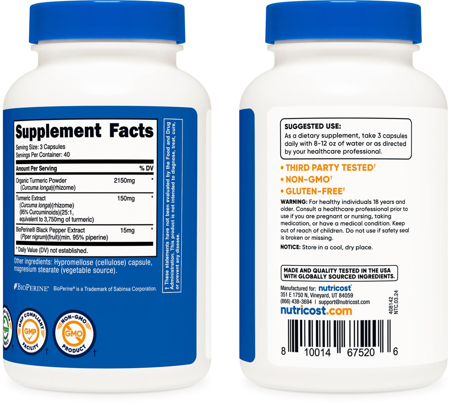 Pre-Order | Arrives in 5–10 Days – Nutricost Turmeric Curcumin with BioPerine and 95% Curcuminoids, 2300mg, 120 Capsules, Veggie Capsules, 767mg Per Cap, 40 Servings, Gluten Free, Non-GMO