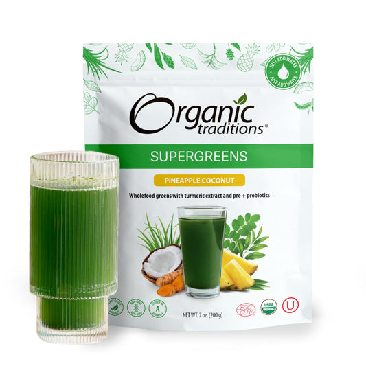 Organic Traditions Super Greens Powder Superfood with Turmeric, Pineapple Coconut Flavored Organic Greens Superfood Powder, 200g / 7oz Bag