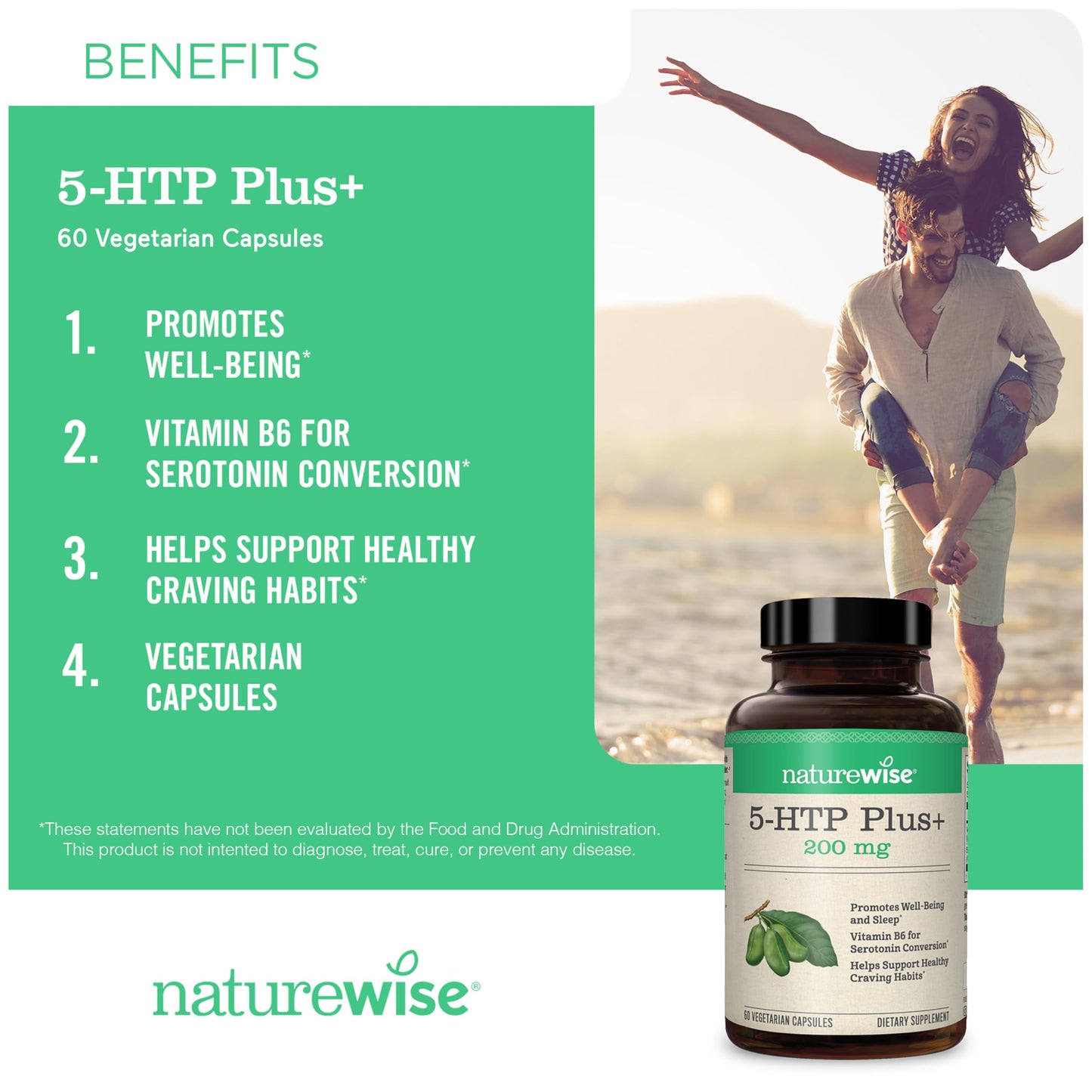 NatureWise 5-HTP 200mg Supplement from Griffonia Seeds with Cofactor Vitamin B6 - Mood Support and Natural Sleep Aid for Adults - Delayed-Release, Vegan - 30 Count[1-Month Supply]