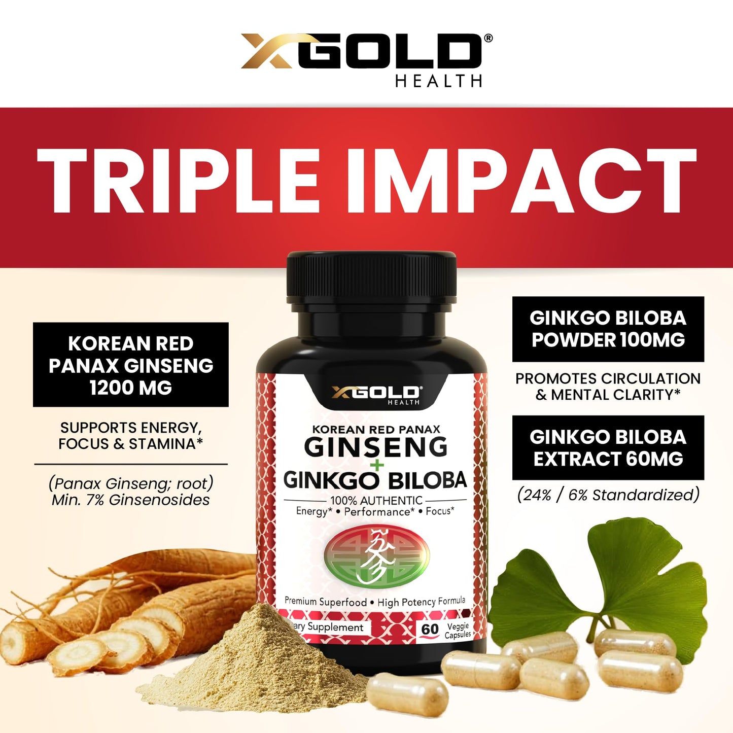 Korean Red Panax Ginseng 1200mg + Ginkgo Biloba - Extra Strength Root Extract Powder Supplement w/High Ginsenosides Vegan Capsules for Energy, Performance & Focus - Supplement for Men & Women