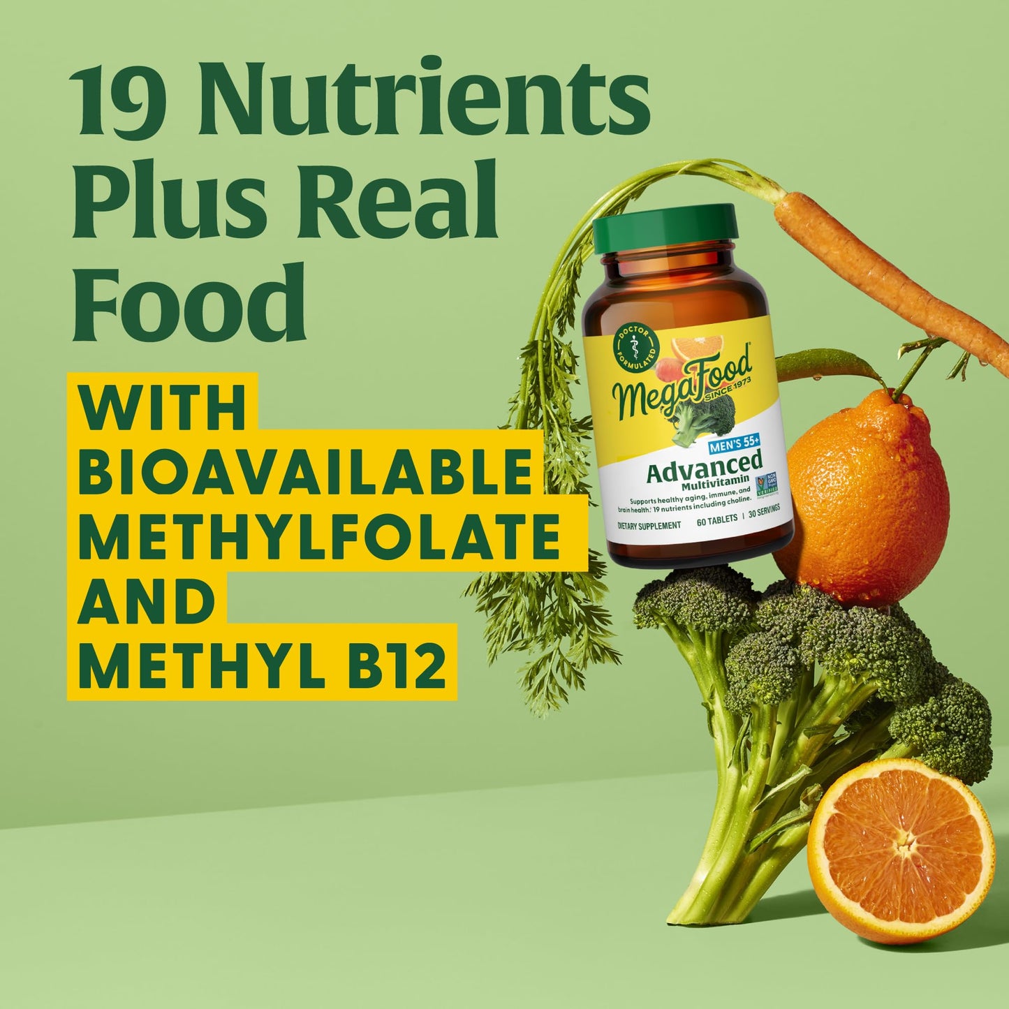 MegaFood Men's 55+ Advanced Multivitamin for Men - Doctor-Formulated -Choline, Vitamin D, Vitamin B12 – Plus Real Food – Brain Health Supplement for Adults & Immune Support - 60 Tabs (30 Servings)
