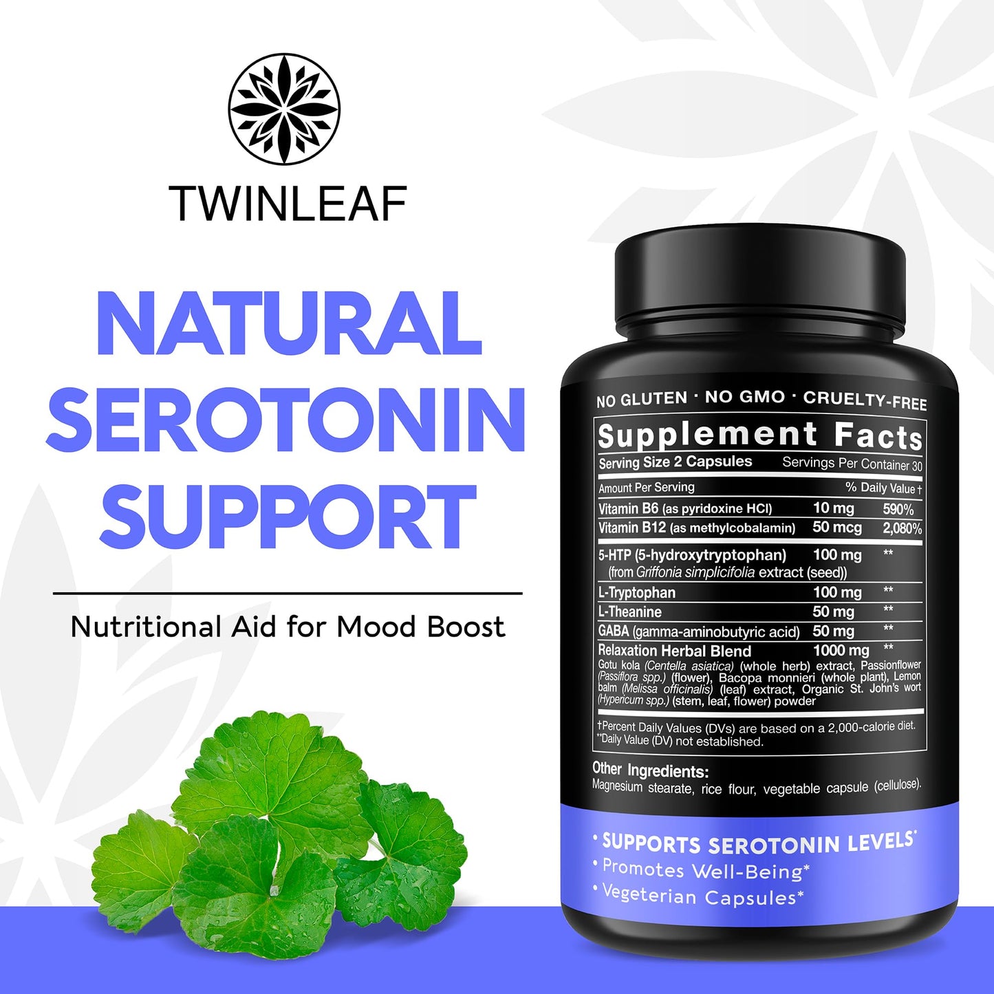 Natural Serotonin Supplement - Made in USA 5HTP Serotonin & Cortisol Manager - Serotonin Booster Vitamin Supplement for Women with 5-HTP, Vitamin B6, B12, GABA, L Theanine, L Tryptophan - 60 capsules