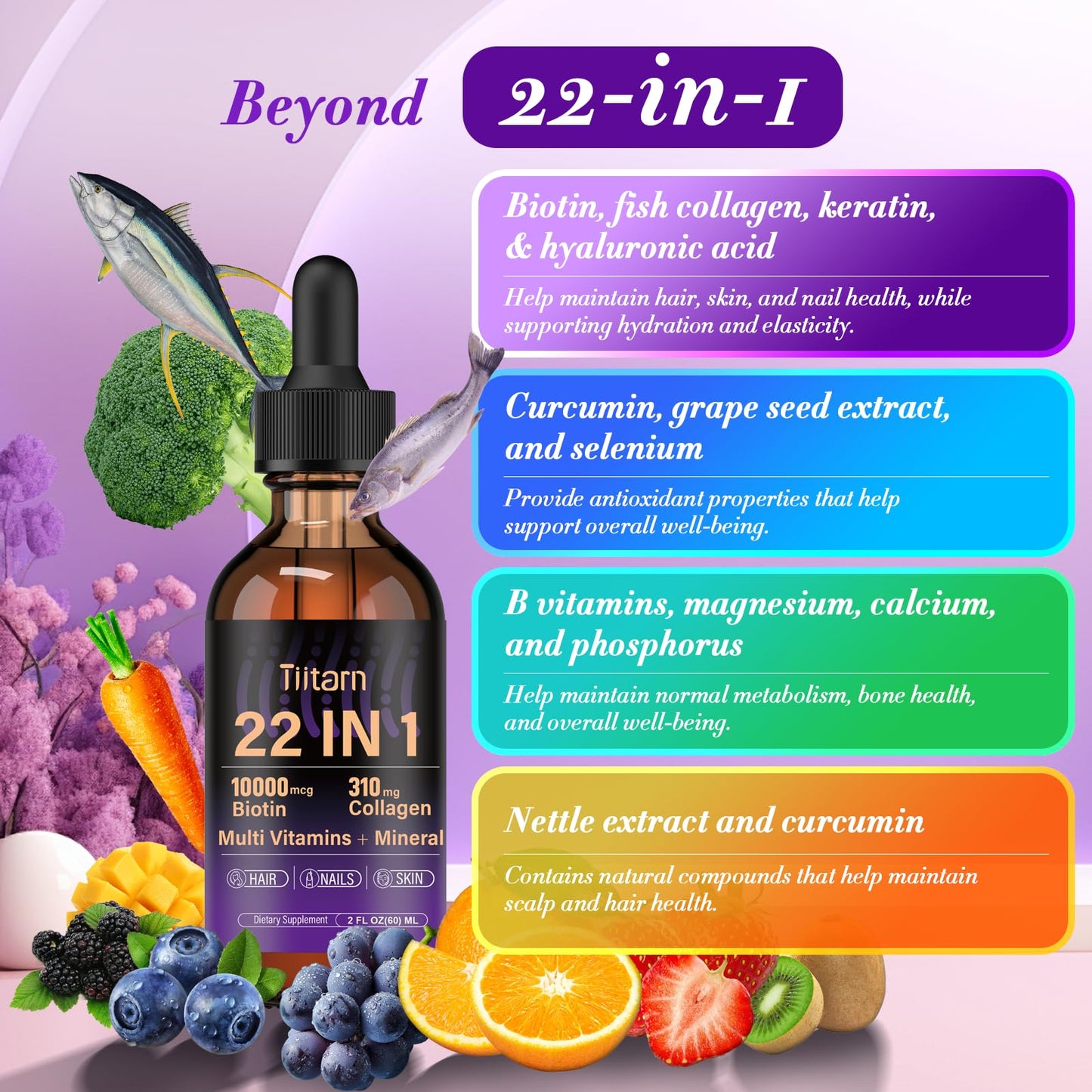 Liquid Collagen, Biotin & Hyaluronic Acid – Hair Growth Vitamins and Mineral Supplements for Women and Men Supports Hair, Skin & Nails | Vitamin B Complex-60ML