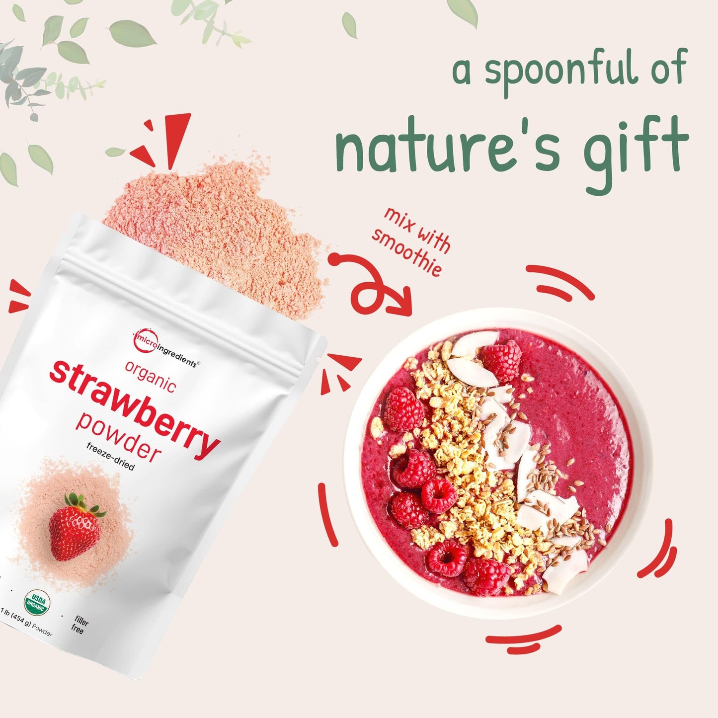 Pre-Order | Arrives in 5–10 Days – Organic Strawberry Powder, 1 Lb | 100% Natural Fruit Powder | Freeze-Dried Strawberries Source | No Sugar & Additives | Great Flavor for Drinks, Smoothie, & Beverages | Non-GMO & Vegan Friendly