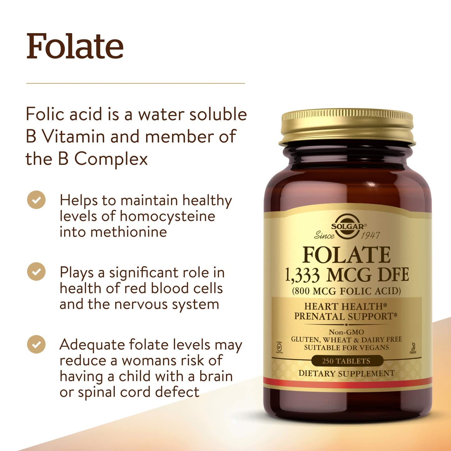 Solgar Folate 1,333 MCG Dietary Folate Equivalent (800 mcg Folic Acid), 250 Tablets - Heart Health, Healthy Nervous System, Prenatal Support - Non-GMO, Vegan, Gluten Free, Dairy Free - 250 Servings