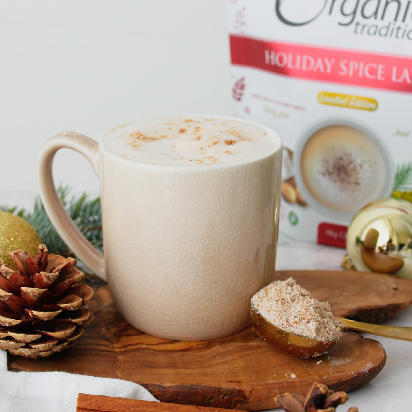 Organic Traditions Holiday Spice Instant Latte, Limited Edition Seasonal Flavour, Superfood Caffeine Free Dairy Free Drink Mix for Hot and Iced Latte Drink, 150g/5.3oz Bag