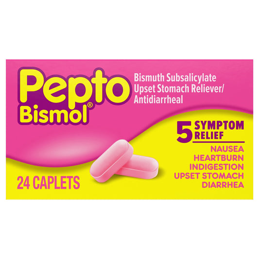 Pepto Bismol Caplets, 24 Count, for Relief of Gas, Anti Diarrhea, Heartburn, Nausea, Upset Stomach, and Indigestion