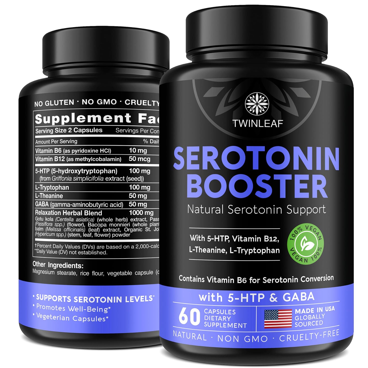 Natural Serotonin Supplement - Made in USA 5HTP Serotonin & Cortisol Manager - Serotonin Booster Vitamin Supplement for Women with 5-HTP, Vitamin B6, B12, GABA, L Theanine, L Tryptophan - 60 capsules