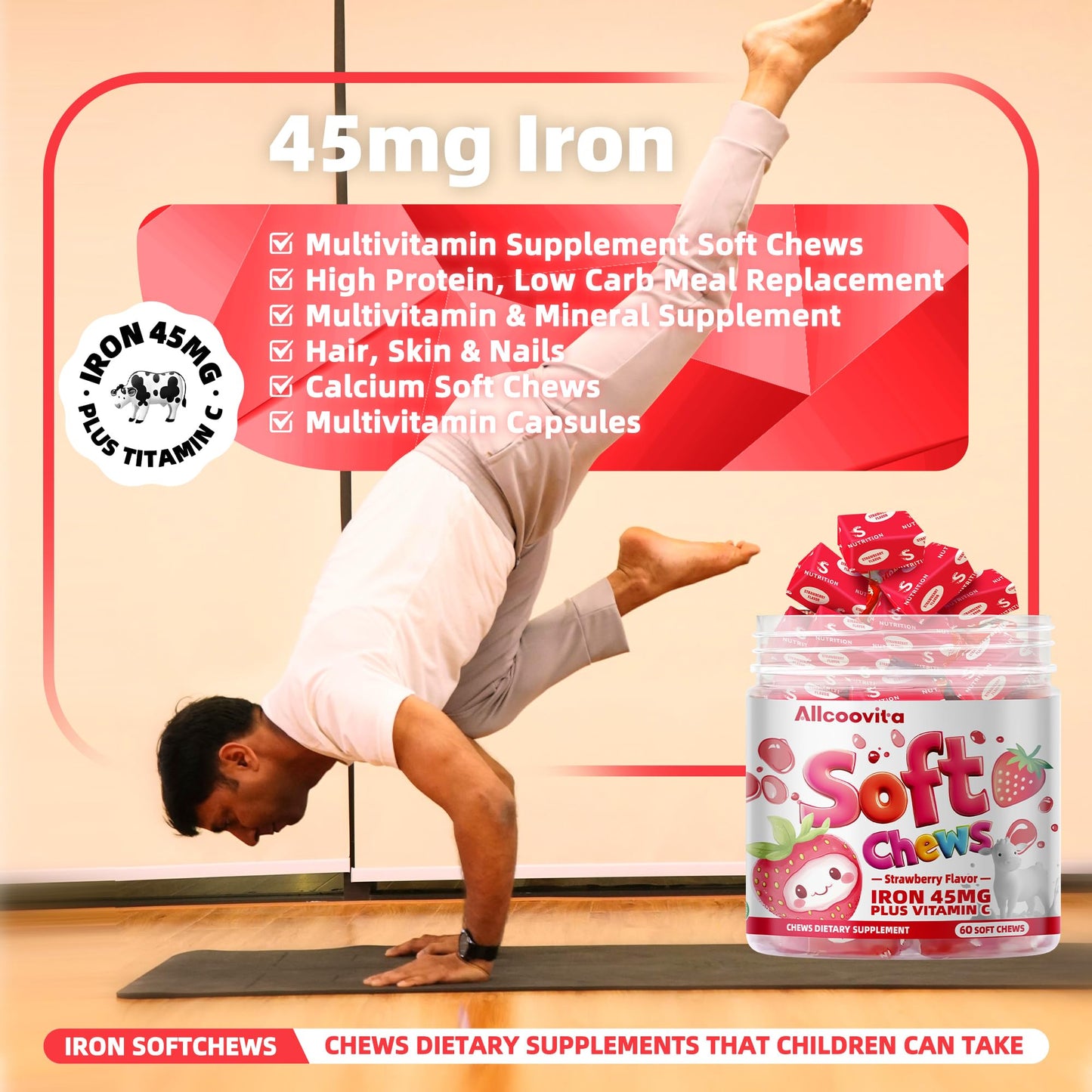 Iron Soft Chews Supplement with Vitamin C | Strawberry Flavored | Gluten Free | Iron Supplement for Women Men and Kids | 60 Count | 2 Month Supply