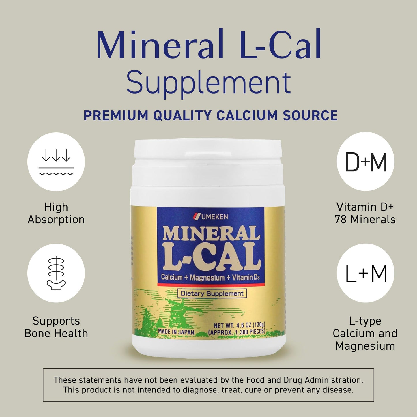 Mineral L-Cal Calcium with Vitamin D3, 4 Month Supply, Water Soluble Ball Format with Magnesium & Minerals, Fast Absorbing Calcium Magnesium D3 Supplement, 1,300 Balls per Bottle, 130g Each, Pack of 2