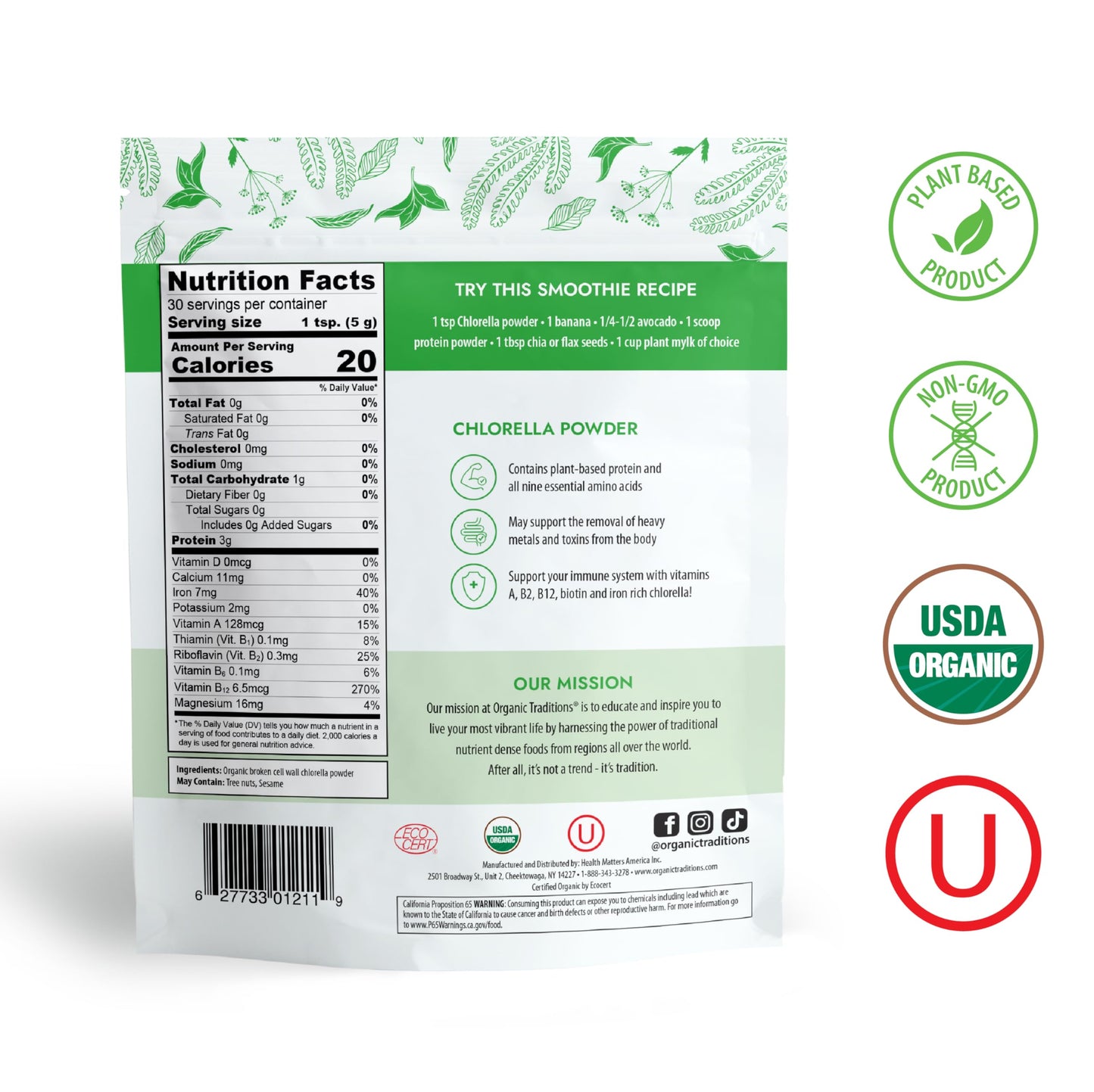 Organic Traditions Organic Chlorella Powder, Vegan Non-GMO Organic Superfood, 5.3oz (150g) Bag, 30 Servings per Bag