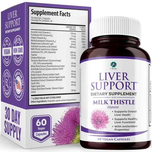 1 Body Liver Support Supplement – Milk Thistle, Dandelion Root & Artichoke for Liver Cleanse & Function, Natural Liver Health Formula, Non-GMO, Vegan 60 Capsules